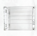 Empty custom clear acrylic collectible display storage cabinet showing shelf layout and hinged door