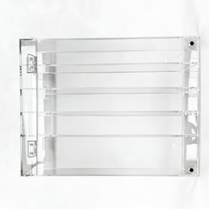 Empty custom clear acrylic collectible display storage cabinet showing shelf layout and hinged door