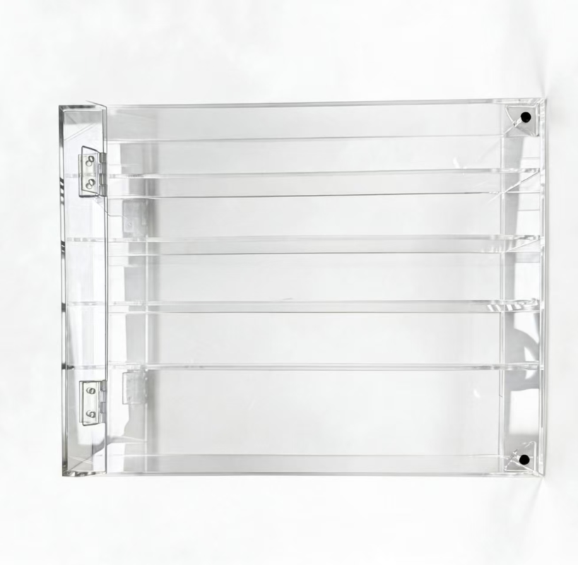 Empty custom clear acrylic collectible display storage cabinet showing shelf layout and hinged door