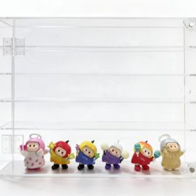 Front view of custom clear acrylic display cabinet with shelves for collectible figures