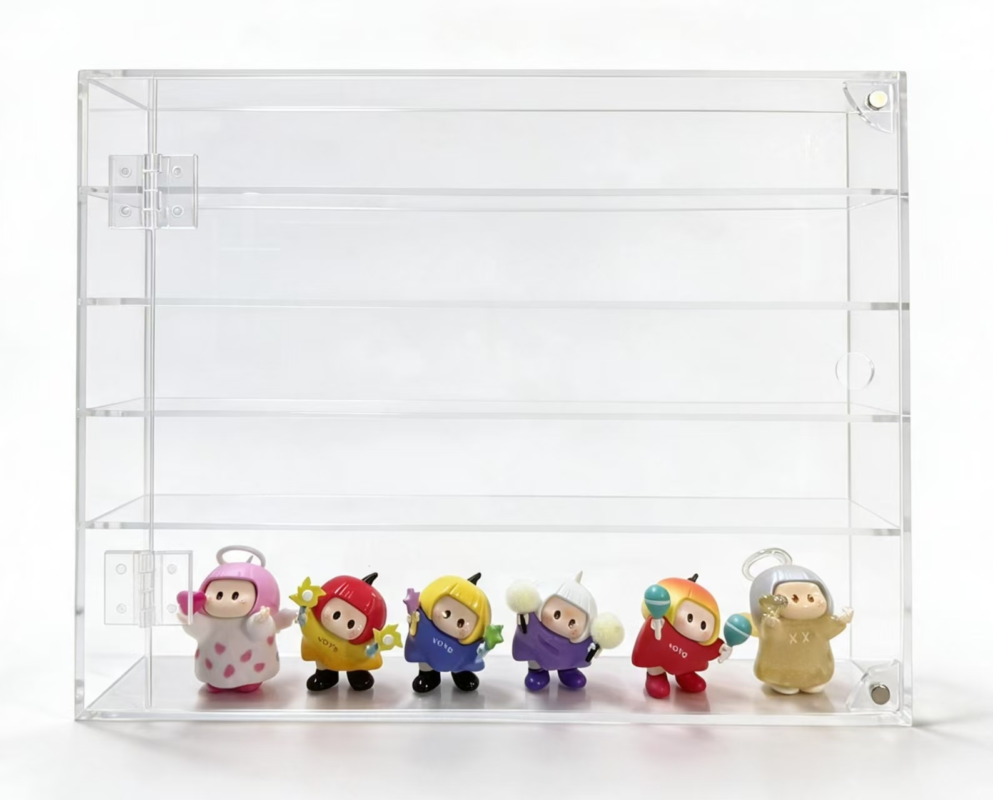 Front view of custom clear acrylic display cabinet with shelves for collectible figures