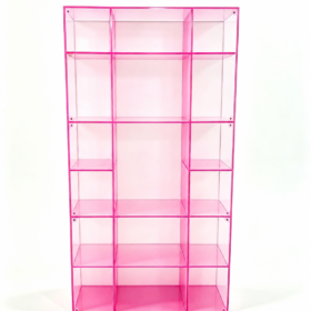 Custom pink acrylic display cabinet with open retail shelving