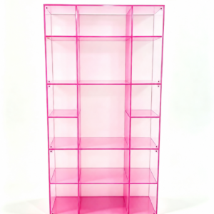 Custom pink acrylic display cabinet with open retail shelving