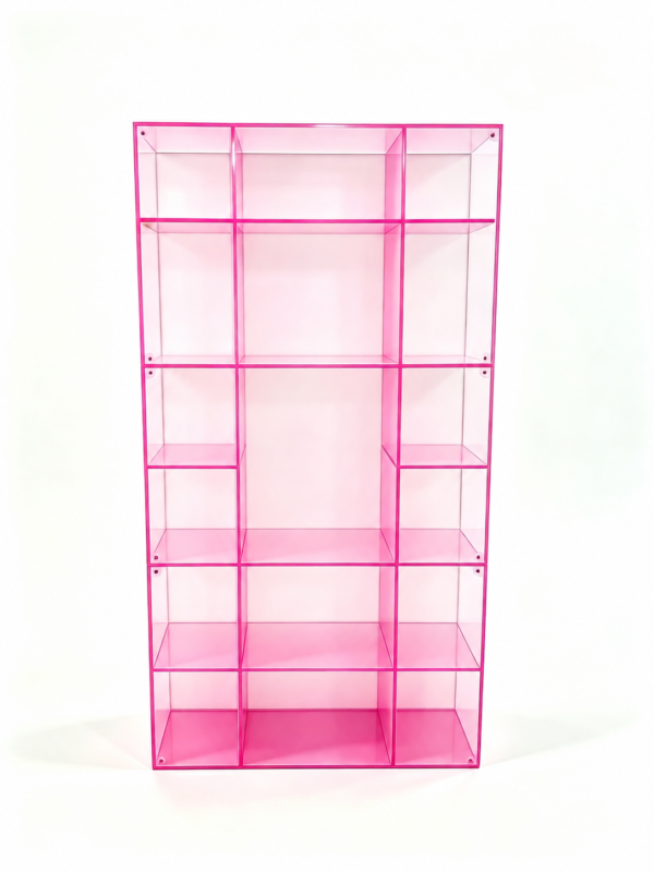 Custom pink acrylic display cabinet with open retail shelving