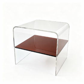 Custom clear and brown acrylic bedside table with open storage shelf